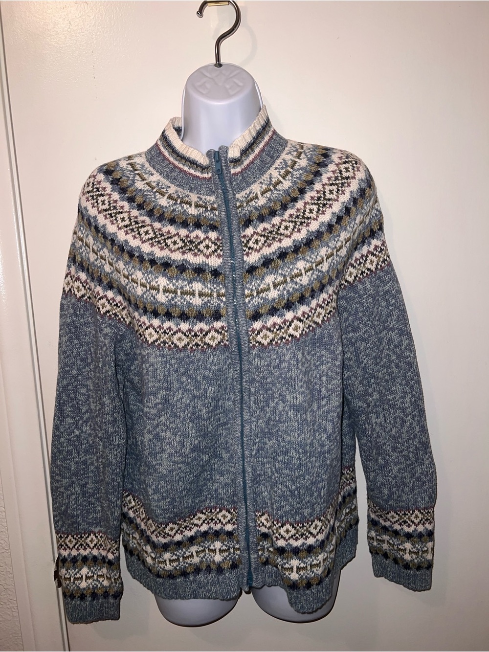 Tiara Sky Blue Fair Isle Zip-Up Sweater